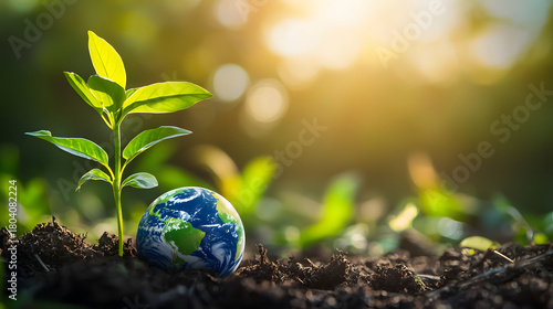 A young green plant next to planet Earth against a backdrop of green leaves and a sunny sky
