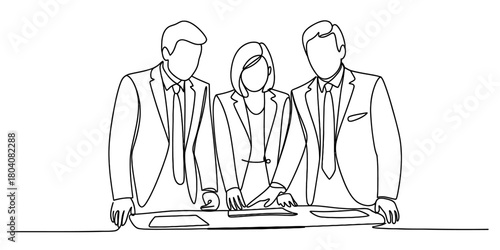 Continuous line art of three business people, two men and a woman, standing at a table, collaborating on a project or meeting.