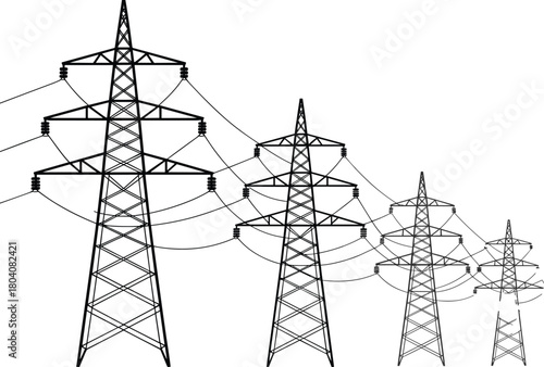 Electricity pylon vector set with receding perspective, high-voltage transmission towers and power lines for energy infrastructure, engineering, and grid design