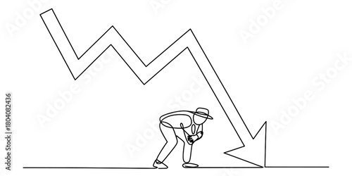 Man struggles with financial loss and economic recession, minimalist continuous line art drawing illustrating a sharp downward arrow graphic.