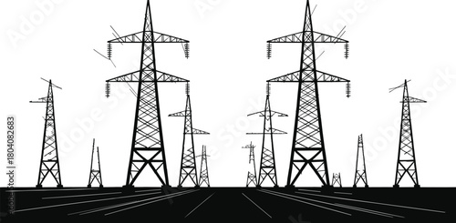 Electricity transmission tower silhouette illustration, high-voltage pylons in perspective view, energy infrastructure vector design, black-and-white grid