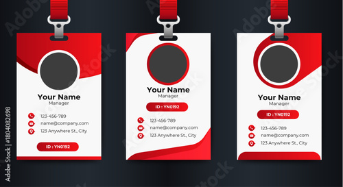 simple red employee id card design template with editable text. vector