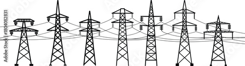 Electricity transmission tower vector set, eight high-voltage pylons with cables and insulators for infrastructure, energy grid, and engineering illustration
