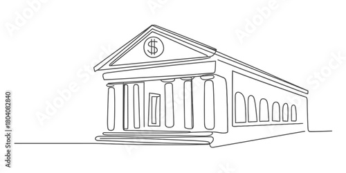 Single continuous line drawing of bank building with dollar sign. financial institution concept in minimalist art style. economy and investment.