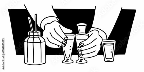 Hands making shot glasses on a bar counter. Cocktail set. Male hands greeting with glasses of vodka and liqueur. Best friends making toasts with cocktails. Black and.