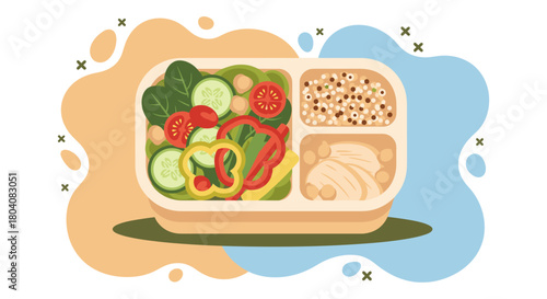 A vibrant and healthy lunchbox, packed with fresh vegetables, quinoa, and chicken, ready for a nutritious meal on the go.