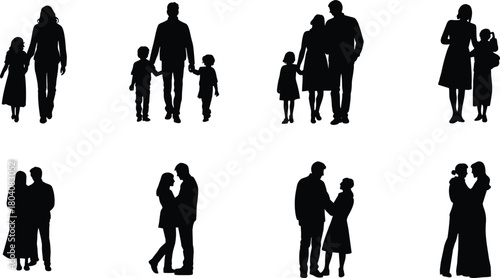 Family and couple silhouette vector set with adults and children in walking, embracing, and bonding poses for lifestyle and relationship design