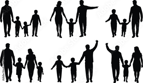 Family silhouette vector set with adults and children in walking, hand-holding, and bonding poses for lifestyle, parenting, and relationship design