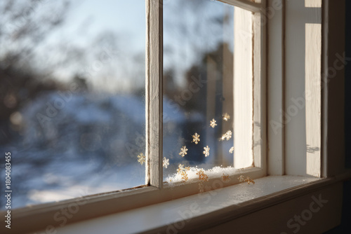 delicate white snowflakes gently rest on glass with warm glow of candle reflecting softly