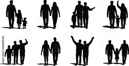 Family silhouette vector set with parents, children, walking poses, hand-holding gestures, and emotional body language for lifestyle and relationship design