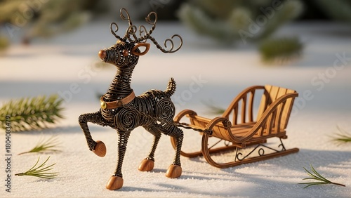 Wire reindeer figurine pulling a wooden sleigh on snow with pine branches