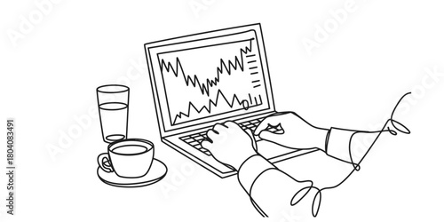 Person analyzing real-time financial market data and trends on a laptop with a graph display, accompanied by a coffee cup and water glass.