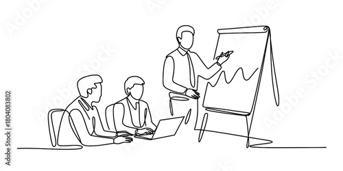 Continuous line art of business meeting: presenter explains graph on flipchart to two colleagues, one engaged with a laptop. teamwork concept. Vector, illustration