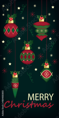 Merry Christmas tree decoration banner background illustration On a dark green background