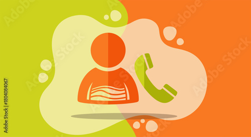 An illustrated representation of a person with a phone, set against an abstract background, symbolizing communication and connection.