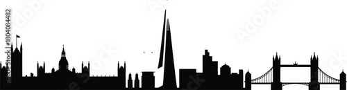 London skyline silhouette vector, iconic architectural landmarks in black, Big Ben, Tower Bridge, St. Paul’s, Shard, cityscape illustration, travel design