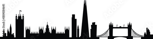London skyline silhouette vector, iconic UK landmarks in black, Big Ben, Tower Bridge, The Shard, cityscape illustration, travel architecture design