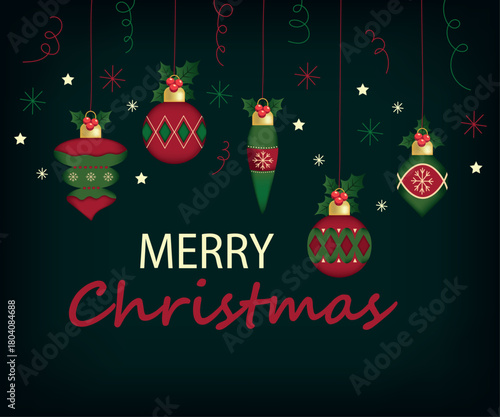 Merry Christmas tree decoration banner background illustration On a dark green background