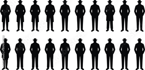 Man silhouette illustration set, black vector icons of coat and hat poses, stylized standing figures, fashion character grid, white background