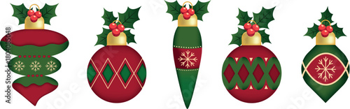 Christmas set with vintage ornaments and holiday decorations. Christmas tree balls. Decorative winter toys. Flat vector illustration.