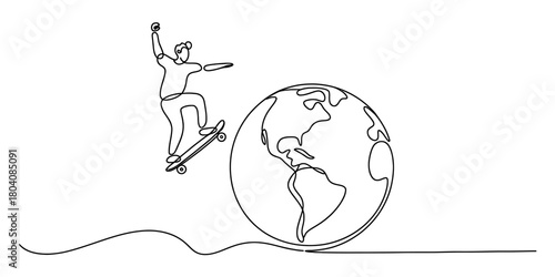 Skateboarder riding near planet earth, continuous single line drawing. youth culture, global travel, freedom, and exploration concept art vector.