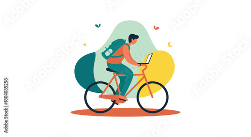 A vibrant illustration depicts a person riding a bicycle while working on their laptop, with an abstract background and colorful elements.