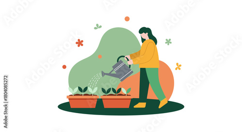 An illustration depicts a woman tending to plants in a garden, using a watering can to nurture the greenery and promote growth.