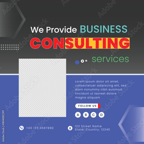 Business Consulting Services Banner with Placeholder Image, Contact Information and Social Media Follow Options