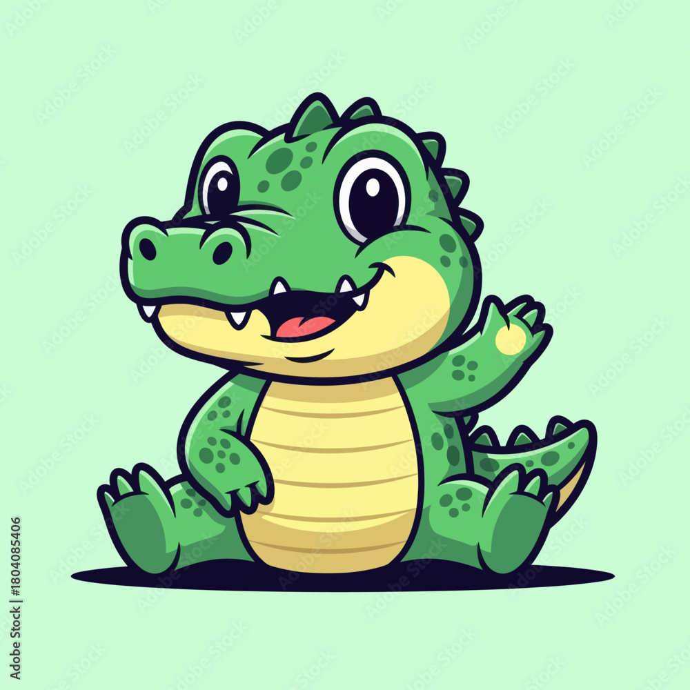 Fototapeta premium Cute crocodile waving hand cartoon vector icon illustration. Animal nature icon concept isolated