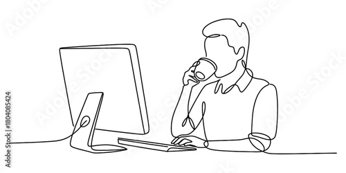 One continuous line drawing of a person working on a desktop computer, drinking coffee, representing remote work, focus, and productivity.