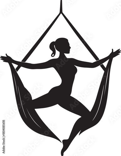 Aerial yoga pose, black silhouette of a woman suspended in a silk hammock