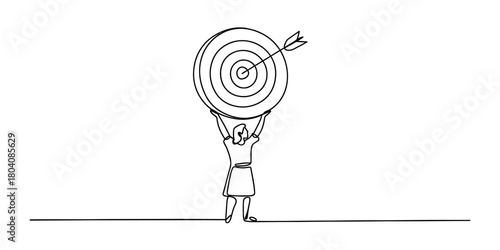 Continuous line drawing of a stylized figure lifting a target board with an arrow perfectly hitting the bullseye, symbolizing goal achievement and precision.