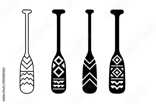 Four stylized canoe paddles with geometric tribal patterns in black and white