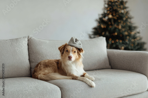 cozy living room setting features cheerful dog wearing festive christmas hat lounging comfortably on plush sofa