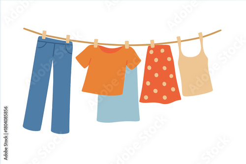 Freshly washed casual summer clothing drying outdoors on a rope line secured with wooden clips