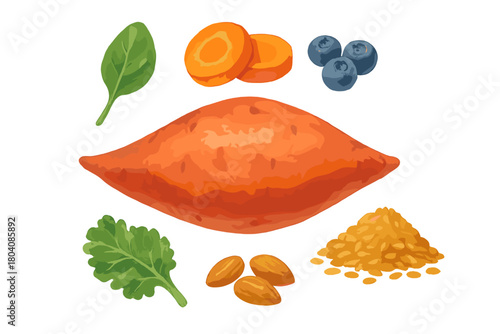 Healthy whole foods assortment featuring sweet potato, blueberries, almonds, and leafy greens