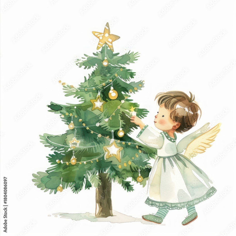 Fototapeta premium Angel decorates Christmas tree