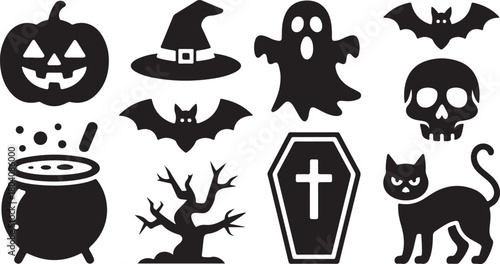 Set of classic Halloween holiday silhouette icons.