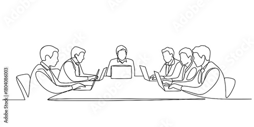 One continuous line art drawing of a business meeting, six professionals working collaboratively at a conference table with laptops design. Vector, illustration