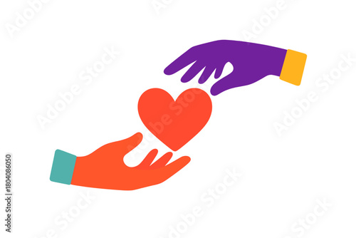 Two stylized hands exchanging a vibrant red heart symbolizing charity and donation