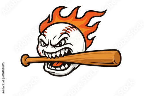 Aggressive baseball sports mascot character featuring a flaming ball biting a wooden bat