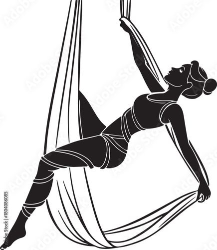 Aerial yoga pose, black silhouette of a woman suspended in a silk hammock