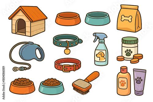 Essential items for dog care including kennel, food, leash, grooming tools, and medicine