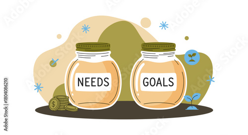 A conceptual illustration depicts needs and goals represented by glass jars, emphasizing financial planning and future aspirations in a modern design.