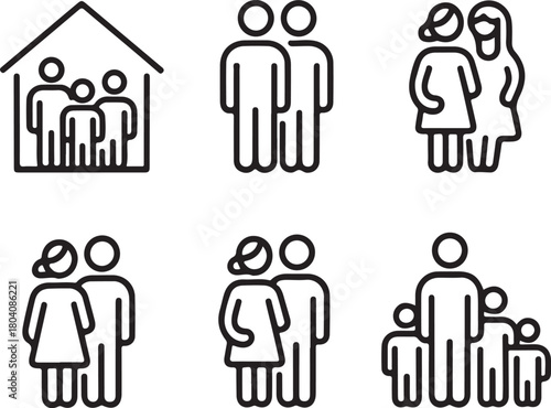 Vector icon set of diverse family structures and relationships