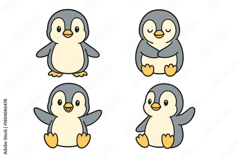 Obraz premium Four cute baby penguin characters displaying various emotions and actions
