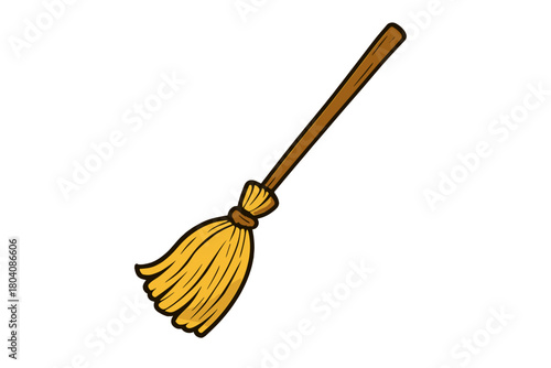 Traditional wooden broom with yellow straw bristles for sweeping and cleaning