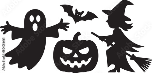 Spooky Halloween characters silhouette set with a ghost, witch, pumpkin, and bat.