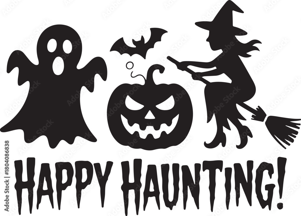 Fototapeta premium Happy Haunting Halloween Icons Ghost, Witch, and Carved Pumpkin Silhouettes