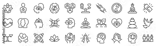 Set of 30 outline icons related to harmony. Linear icon collection. Editable stroke. Vector illustration